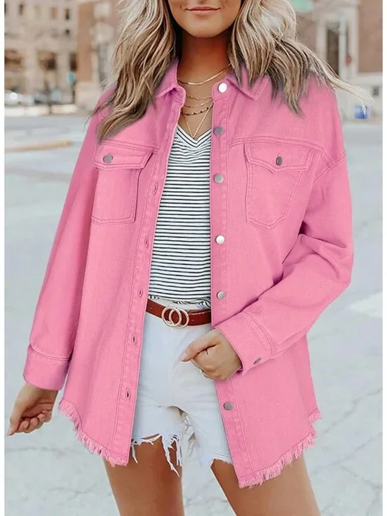 Women's Oversized Denim Jacket Long Sleeve Denim Shirt Jean Jacket B2 Pink - Picture 2 of 6
